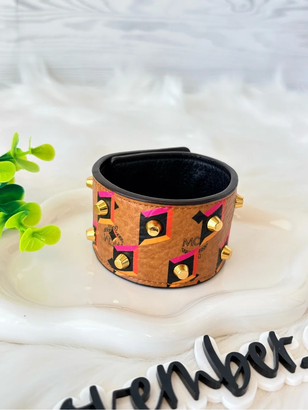 MCM Cognac Visetos Geometric Studded Leather Cuff with Pink & Black Accents